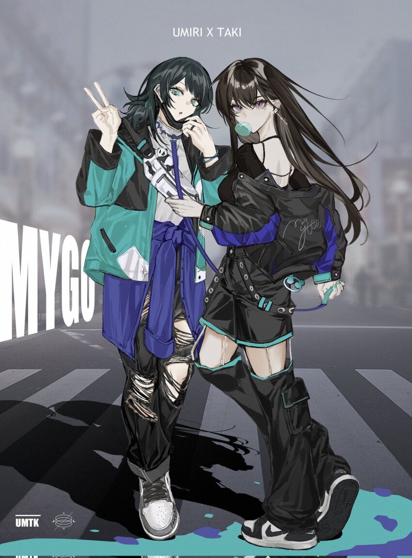 2girls aqua_eyes aqua_jacket bang_dream! bang_dream!_it&#039;s_mygo!!!!! black_hair black_jacket black_mask black_pants black_shirt blue_jacket breasts brown_hair character_name chewing_gum chinese_commentary clothes_around_waist commentary_request corrupted_twitter_file detached_pants earrings feiyu30903448 hair_between_eyes highres jacket jacket_around_waist jewelry long_hair long_sleeves mask mask_pull medium_breasts medium_hair mole mole_under_eye mouth_mask multiple_girls open_clothes open_jacket pants purple_eyes ring shiina_taki shirt torn_clothes torn_pants v white_shirt yahata_umiri