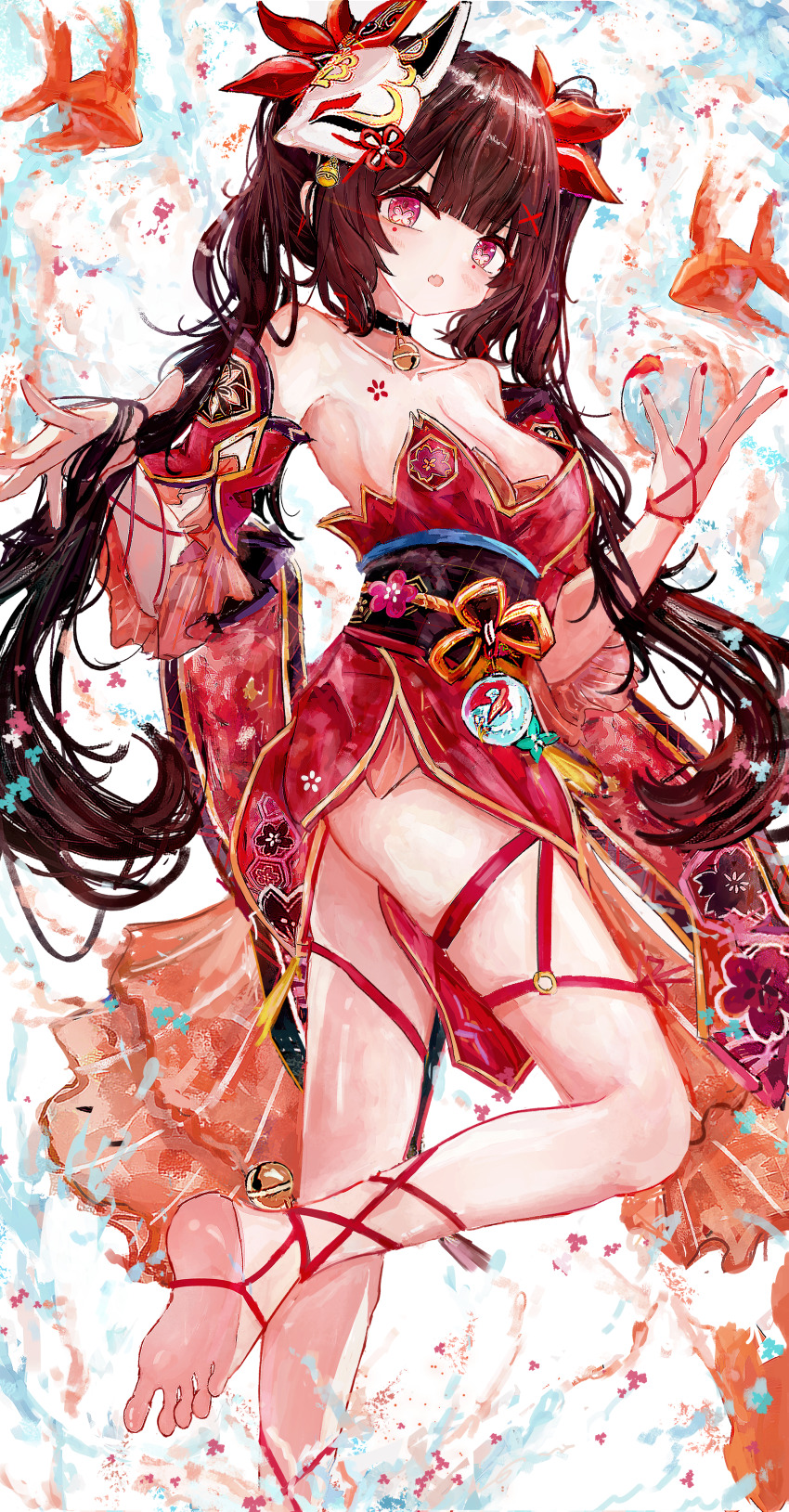 1girl :o absurdres aiu_. armpits bare_shoulders barefoot bell black_choker black_sash breasts brown_hair butterfly-shaped_pupils choker collarbone criss-cross_halter dress fang fish flower_tattoo fox_mask goldfish halterneck highres honkai:_star_rail honkai_(series) japanese_clothes large_breasts long_hair looking_at_viewer mark_under_both_eyes mask mask_on_head nail_polish neck_bell pink_eyes red_dress red_nails red_rope red_sleeves rope sash skin_fang soles solo sparkle_(honkai:_star_rail) symbol-shaped_pupils tattoo twintails very_long_hair water