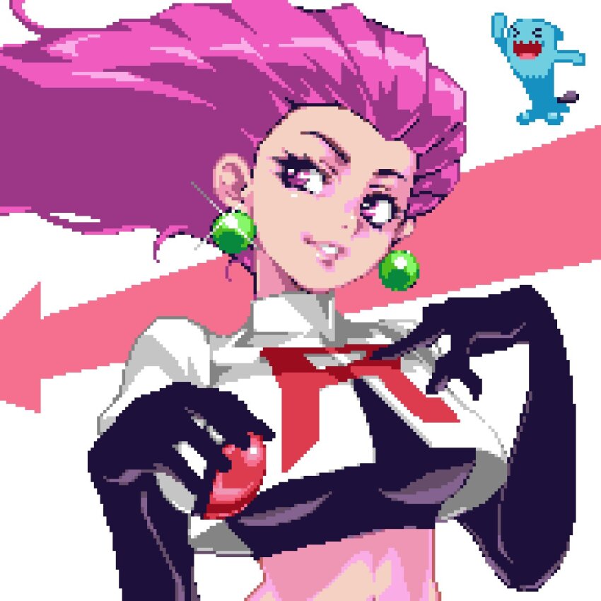 1girl arrow_(symbol) black_gloves creatures_(company) crop_top cropped_jacket e2mou earrings elbow_gloves game_freak gen_2_pokemon glint gloves hair_up high_collar highres holding holding_poke_ball jessie_(pokemon) jewelry looking_to_the_side nintendo pearl_earrings pink_eyes pink_hair pixel_art poke_ball pokemon pokemon_(anime) pokemon_(creature) purple_hair smile upper_body wobbuffet