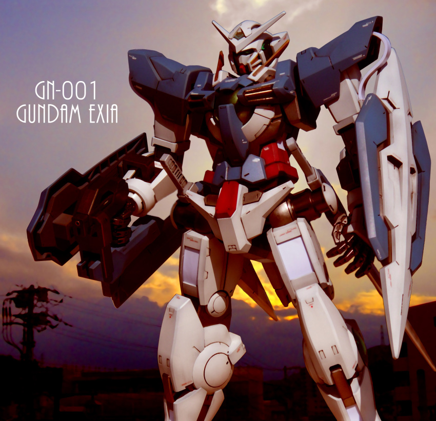 00s beam_rifle character_name energy_gun exia gun gundam gundam_00 gundam_exia highres mecha no_humans power_lines road robot shield solo street sunset sword weapon