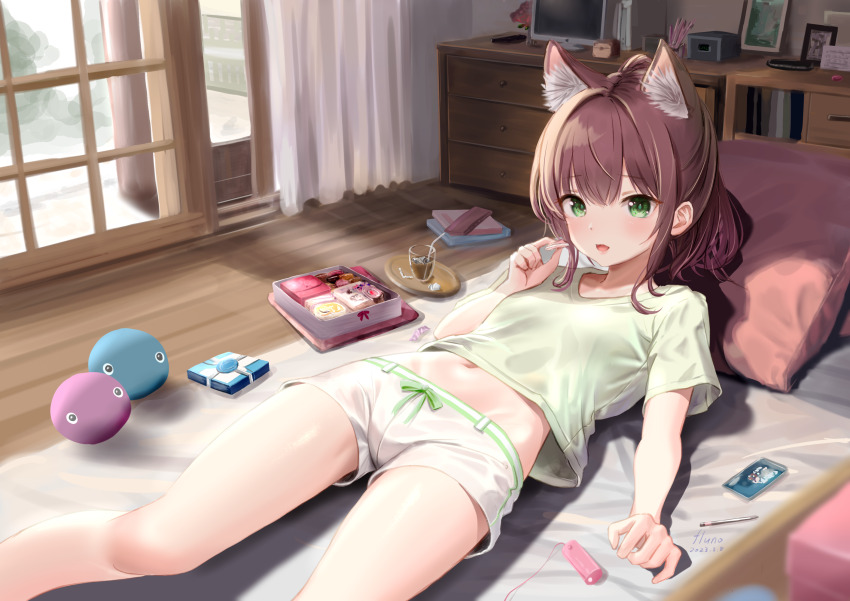 1girl animal_ear_fluff animal_ears arm_at_side bow breasts brown_hair crop_top curtains day feet_out_of_frame fluno food futon green_bow green_eyes green_shirt hair_between_eyes hand_to_own_mouth hand_up highres holding holding_food indoors light_blush looking_at_viewer lying midriff navel on_back on_bed open_mouth original pillow ponytail shirt shorts sidelocks sliding_doors small_breasts solo t-shirt white_shorts wooden_floor