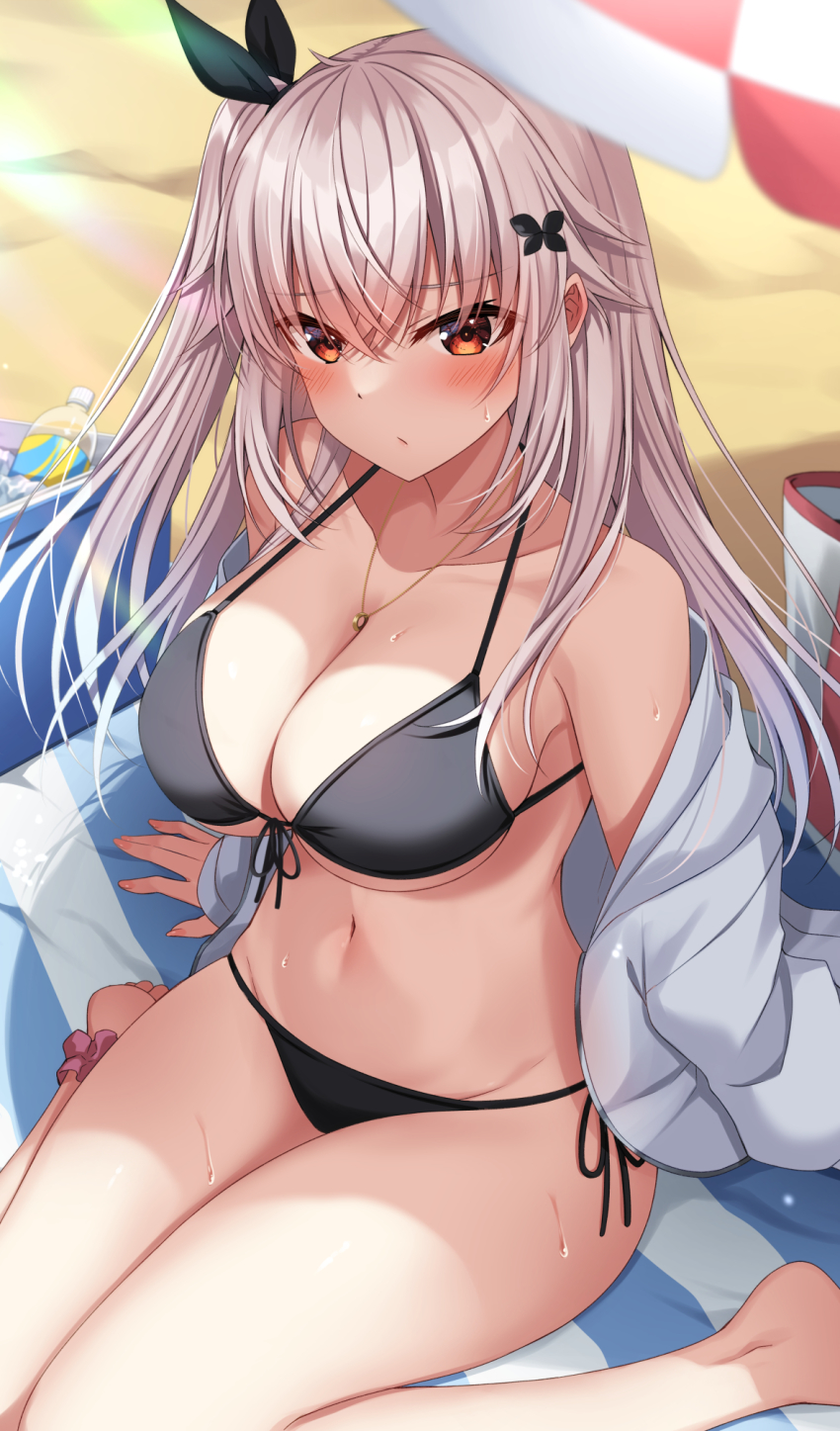 1girl ankle_scrunchie bare_shoulders barefoot beach bikini black_bikini blurry breasts butterfly_hair_ornament cleavage closed_mouth collarbone commentary_request depth_of_field duplicate etna_(kuzuyu) front-tie_bikini_top front-tie_top frown hair_ornament hair_ribbon halterneck highres jacket jewelry komori_kuzuyu large_breasts long_hair long_sleeves looking_at_viewer navel necklace off_shoulder one_side_up open_clothes open_jacket original pixel-perfect_duplicate red_eyes ribbon scrunchie side-tie_bikini_bottom sitting solo stomach string_bikini sweatdrop swimsuit thighs wariza white_hair white_jacket