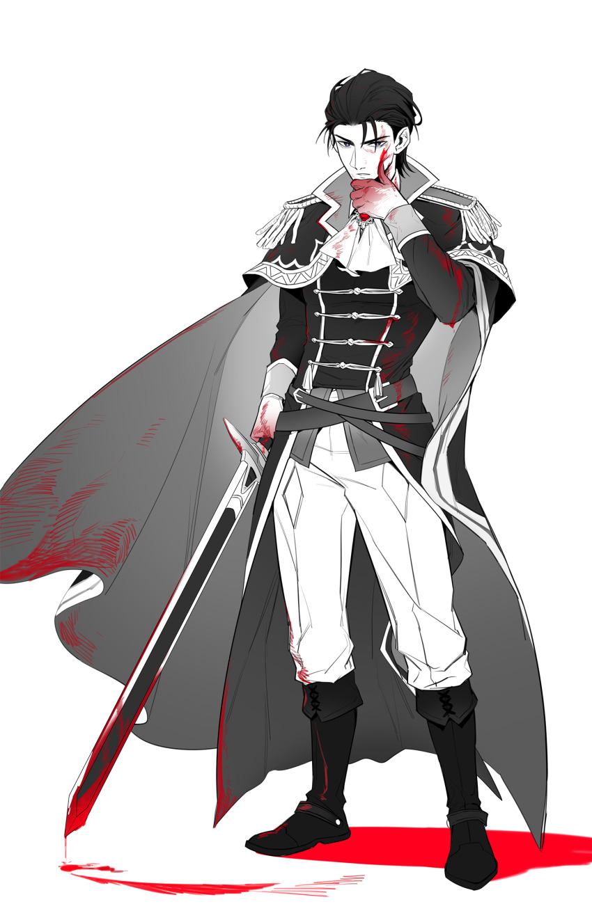 1boy absurdres belt black_hair blood blood_drip blood_on_clothes blood_on_face cape capelet commission commissioner_upload epaulettes fire_emblem greyscale highres holding holding_sword holding_weapon monochrome nintendo non-web_source reinhardt_(fire_emblem) reinhardt_(thrud_reborn)_(fire_emblem) sword weapon wiping_blood wiping_face xiafei97