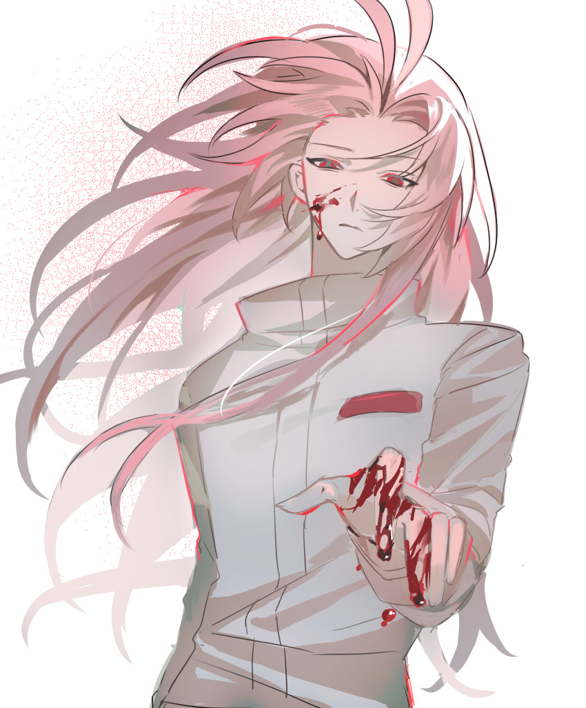 1705_du 1boy absurdres antenna_hair blood blood_on_hands chinese_commentary closed_mouth commentary_request floating_hair frown hatsutori_hajime highres long_hair long_sleeves male_focus outstretched_hand parted_bangs pink_hair red_eyes saibou_shinkyoku shirt solo upper_body white_background white_shirt