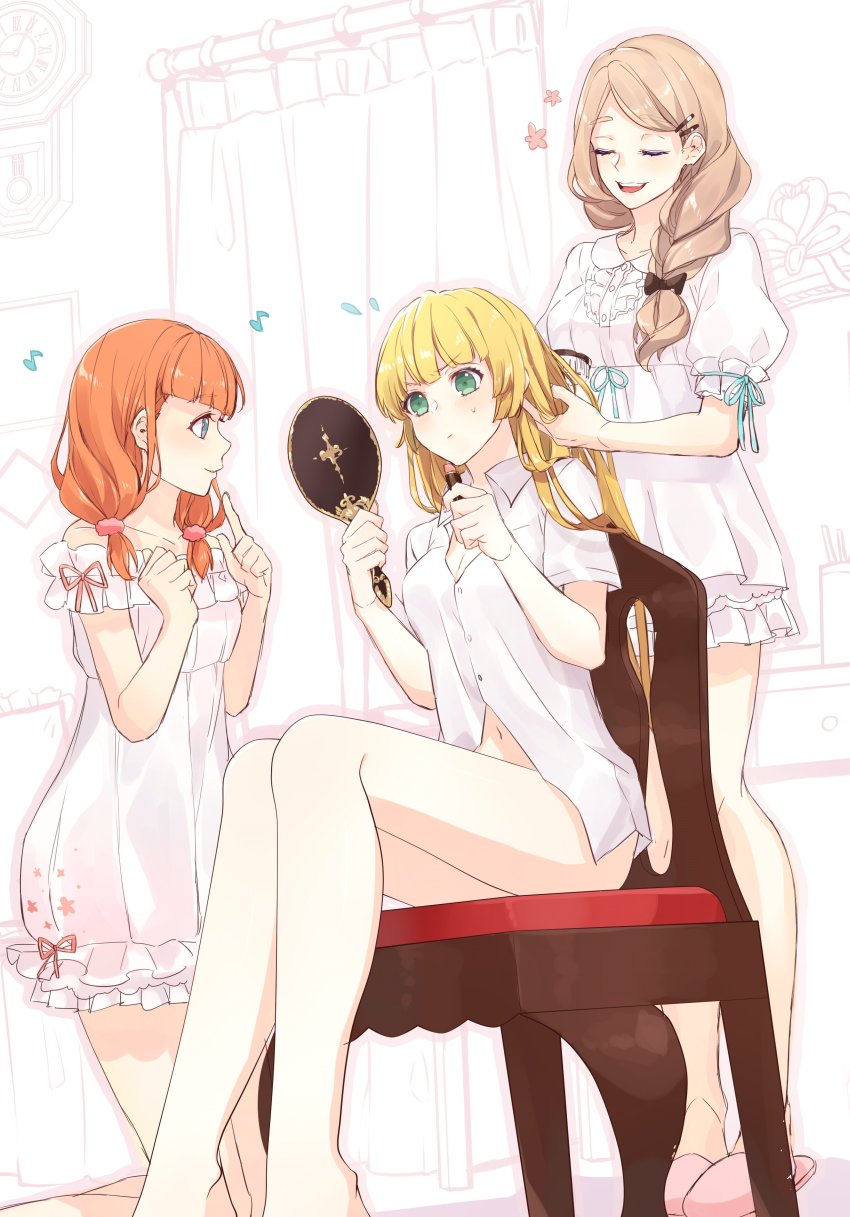 3girls absurdres annette_fantine_dominic blonde_hair blouse blue_hair blurry bottomless bow braid chair depth_of_field fire_emblem fire_emblem:_three_houses gari_(apollonica) green_hair hair_bow brushing_hair hair_ornament hairclip highres holding holding_mirror index_finger_raised indoors ingrid_brandl_galatea lingerie lipstick long_hair makeup mercedes_von_martritz mirror multiple_girls musical_note navel nightgown nintendo orange_hair ribbon shirt short_sleeves simple_background sitting smile teeth twintails underwear white_background white_shirt