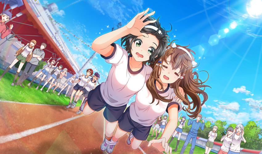 =_= black_hair blue_bow blue_shorts blue_sky blurry bow brown_hair cinderella_series cloud depth_of_field dutch_angle flags_of_all_nations floating_hair full_body game_cg green_eyes gym_uniform hachigatsu_no_cinderella_nine hachimaki hair_bow hair_ornament hairband headband highres izumida_kyouka kawakita_tomoe lens_flare long_hair looking_at_viewer low_twintails multiple_girls non-web_source official_art open_mouth outdoors pompadour purple_hair red_bow red_hair running senba_ayako shirt shoes short_hair short_sleeves shorts sky sneakers socks sports_festival string_of_flags sun teardrop three-legged_race twintails ukita_akane wavy_mouth white_hairband white_shirt white_socks