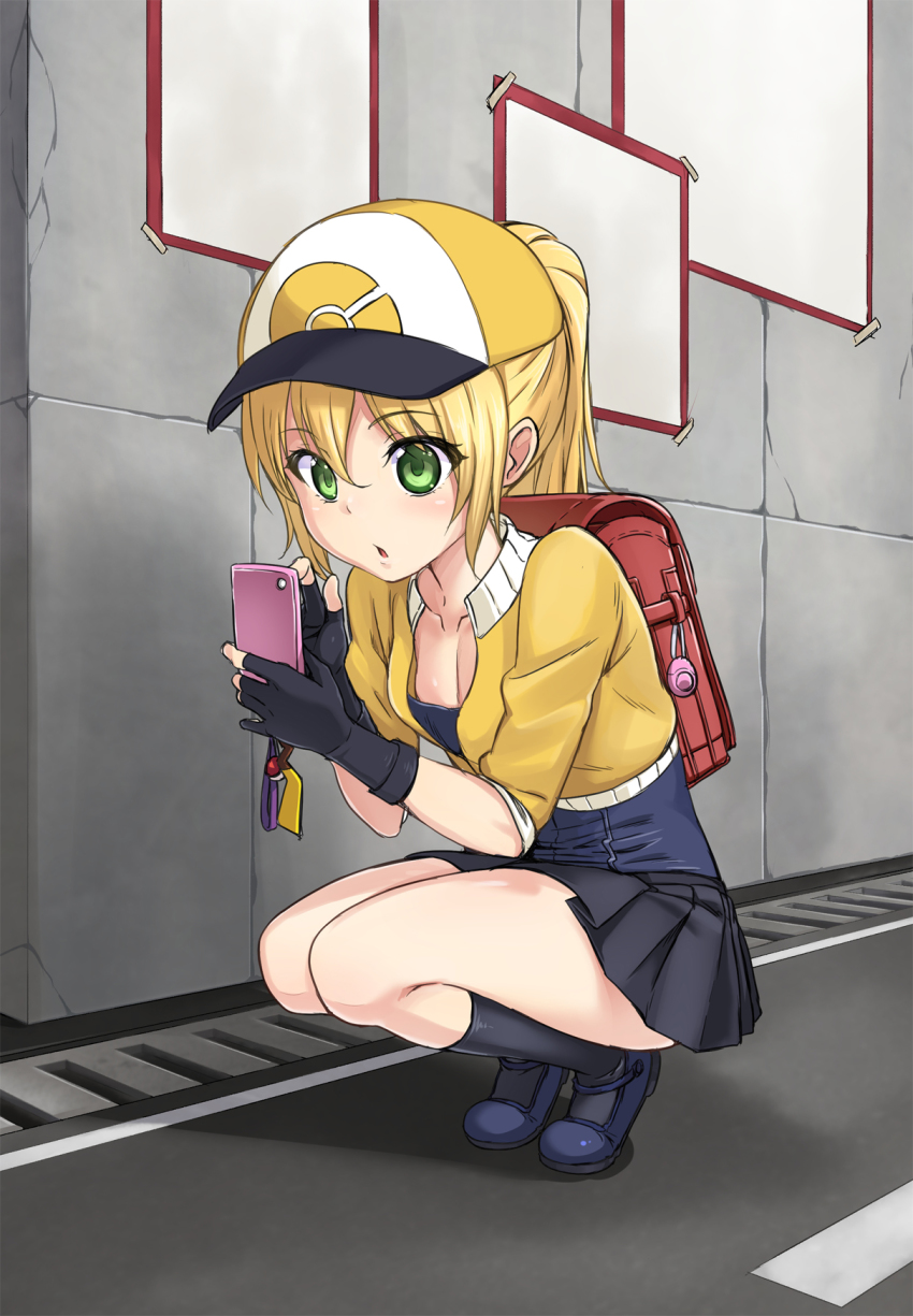 10s 1girl :o backpack bag baseball_cap black_socks blonde_hair creatures_(company) cropped_jacket downblouse female_focus female_protagonist_(pokemon_go) fingerless_gloves game_freak gloves green_eyes hat highres holding holding_phone jacket kneehighs mary_janes nintendo phone pleated_skirt pokemon pokemon_go ponytail rcsp shoes skirt socks solo squatting tiptoes yellow_jacket