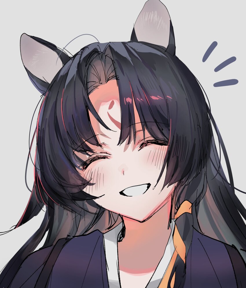 1girl 414_(hncx3355) :d ^^^ animal_ear_fluff animal_ears arknights black_hair black_kimono blush closed_eyes dog_ears facial_mark facing_viewer forehead_mark grin highres japanese_clothes kimono long_hair open_mouth parted_bangs parted_lips saga_(arknights) simple_background smile solo upper_body white_background