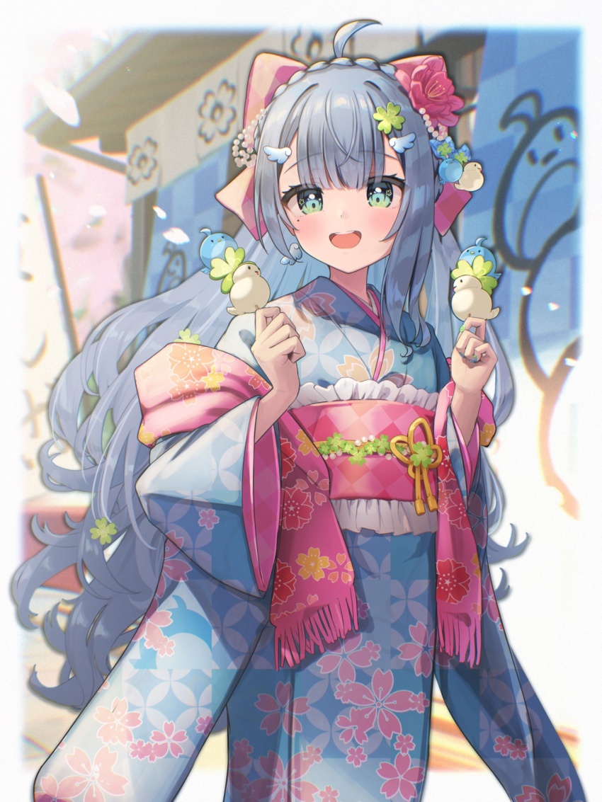 1girl animal_ears blue_eyes blue_hair blurry blurry_background blush bow braid commentary_request crown_braid dango flower food hair_between_eyes hair_bow hair_flower hair_ornament highres holding holding_food indie_virtual_youtuber japanese_clothes kimono looking_at_viewer momoruri_seiran petals solo takamiya_so virtual_youtuber wagashi