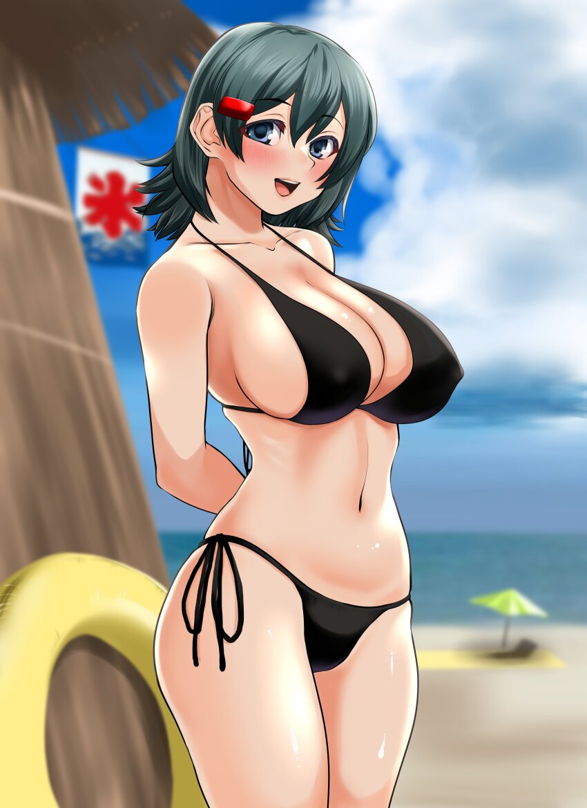 1girl absurdres arms_behind_back beach bikini black_bikini blue_eyes blue_sky cloud cowboy_shot day grey_eyes hair_ornament hairclip highres horizon innertube iroha_(samurai_spirits) koinobori looking_at_viewer nanao_futaba ocean outdoors samurai_spirits short_hair side-tie_bikini_bottom sky solo swim_ring swimsuit windsock