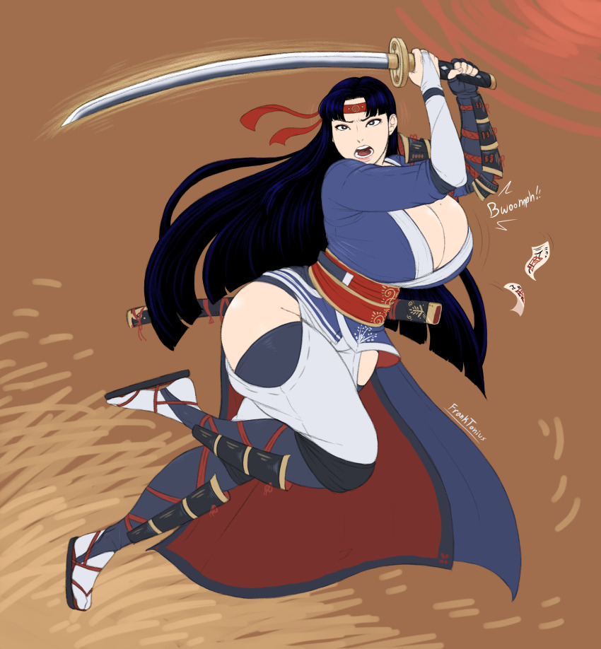 absurdres armor black_hair breasts bursting_breasts cleavage curvy franktonius headband highres huge_breasts japanese_armor japanese_clothes katana kimono original plump purple_hair red_headband sandals scabbard sheath shouting sword weapon wide_hips