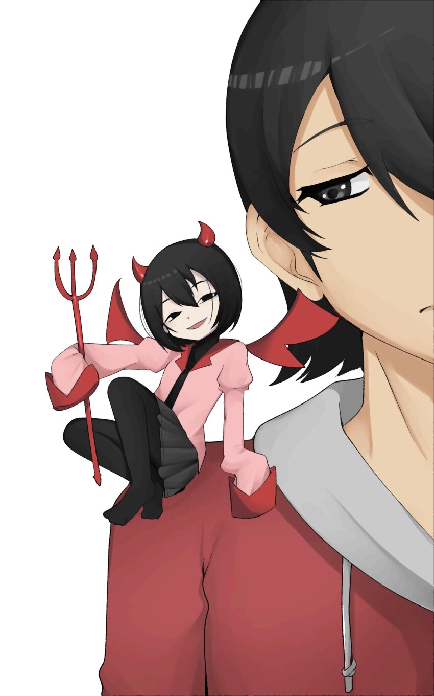 absurdres araragi_koyomi demon_horns demon_wings highres horns meemz_a monogatari_(series) oshino_ougi pitchfork shoulder_devil tagme wings