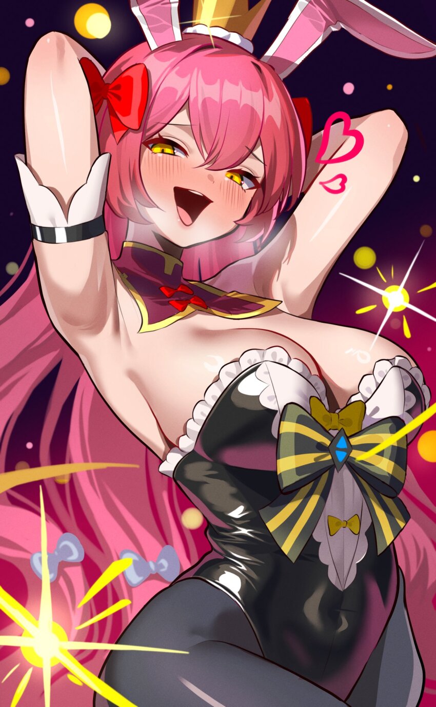 1girl animal_ears armpits black_leotard blush bow bowtie covered_navel crown fake_animal_ears hamukiri heavy_breathing highleg highleg_leotard highres leotard long_hair monster_strike pantyhose pink_hair playboy_bunny prebit_(monster_strike) rabbit_ears solo strapless strapless_leotard