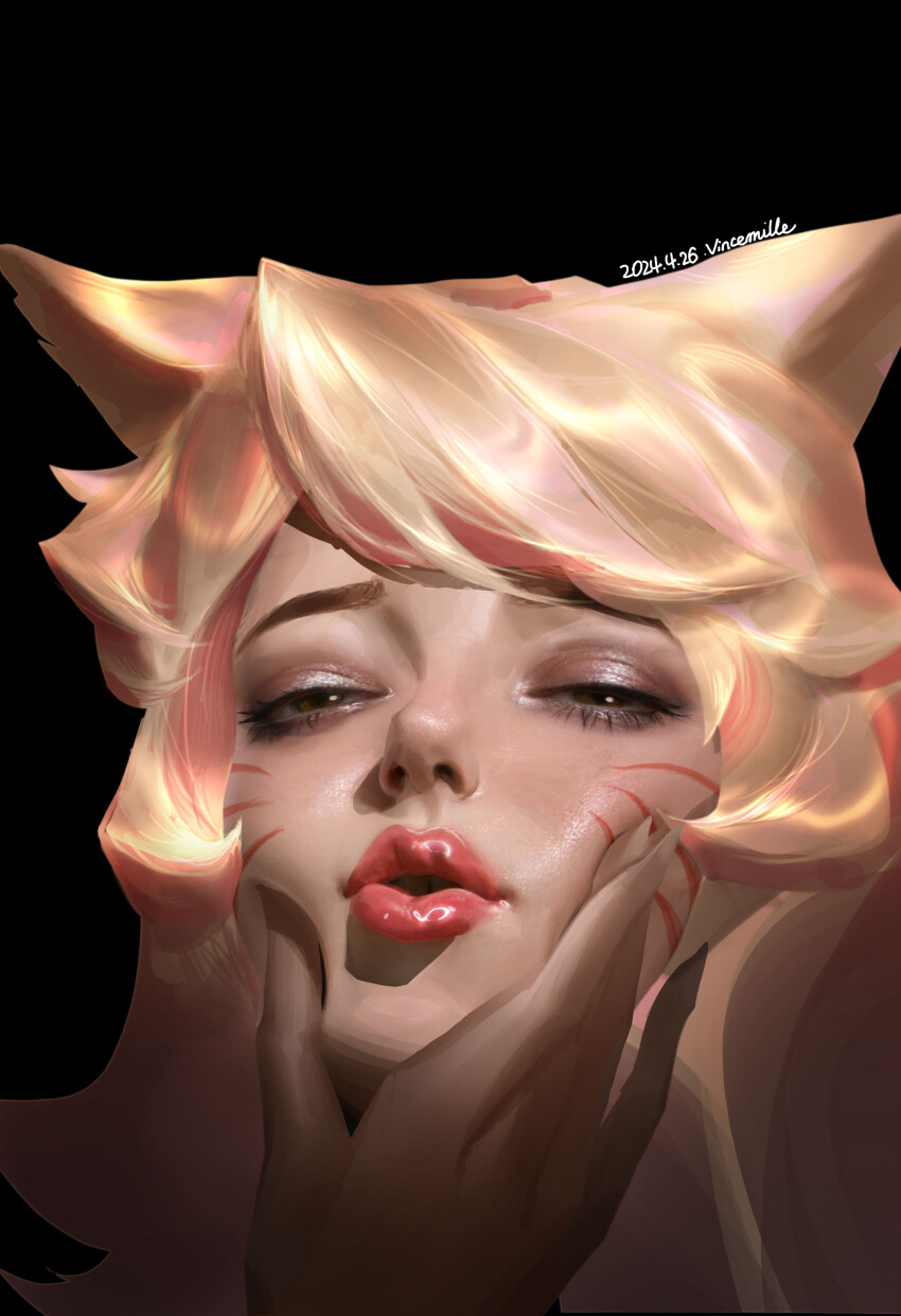 1girl 1other absurdres ahri_(league_of_legends) animal_ears artist_name black_background blonde_hair brown_eyeshadow cheek_squash close-up dated eye_glitter eyeshadow facial_mark fox_ears fox_girl hand_on_another&#039;s_cheek hand_on_another&#039;s_face highres k/da_(league_of_legends) k/da_ahri league_of_legends long_hair makeup open_mouth out_of_frame portrait red_lips simple_background solo_focus vincemille wavy_hair whisker_markings