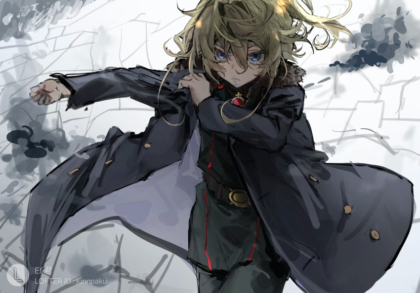 1girl belt black_pants blonde_hair blue_coat blue_eyes coat cowboy_shot efjun green_shirt highres lofter_logo lofter_username medium_hair military_uniform pants shirt solo tanya_degurechaff youjo_senki