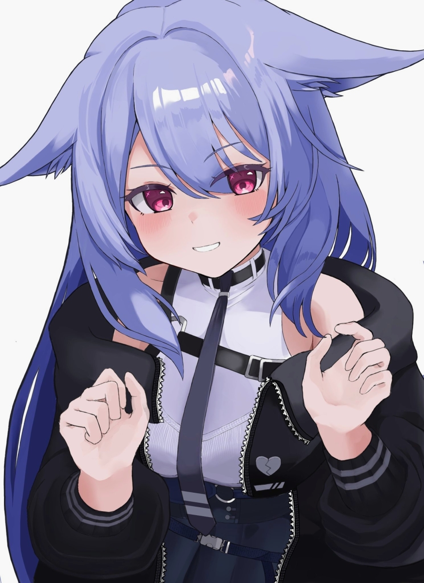 1girl animal animal_ear_fluff animal_ears bare_shoulders belt black_choker black_collar black_jacket black_necktie black_skirt blue_skirt blush breasts choker claw_pose claws collar ears_down floppy_ears fox fox_ears grin hair_between_eyes hands_up heart high-waist high-waist_skirt highres jacket kikyo_(vrchat) long_hair long_sleeves looking_at_viewer medium_breasts necktie off_shoulder open_clothes open_jacket parted_lips partially partially_unzipped pink_eyes puffy_long_sleeves puffy_sleeves purple_hair red_eyes shirt sidelocks simple_background skirt sleeveless sleeveless_shirt smile solo teeth unzipped upper_body user_jwcn4332 very_long_hair vrchat white_background white_shirt zipper