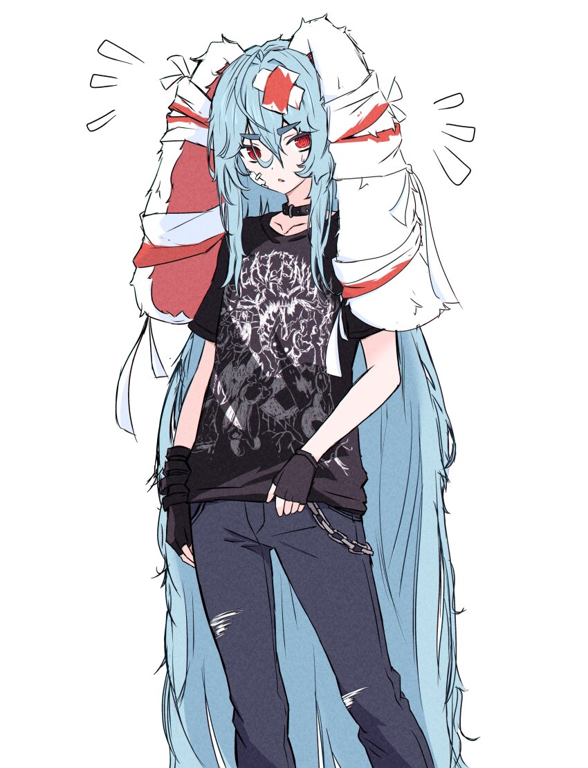 1girl @_@ absurdres ahoge alternate_costume animal_ears bandage_on_cheek bandaged_ear bandages black_gloves black_shirt blue_hair chain choker cowboy_shot denim double-parted_bangs gloves hair_between_eyes highres indie_virtual_youtuber light_blue_hair long_hair lop_rabbit_ears noiriririri notice_lines pants para_(vtuber) print_shirt rabbit_ears rabbit_girl red_eyes shirt sidelocks t-shirt thick_eyebrows torn_clothes torn_pants very_long_hair virtual_youtuber white_background