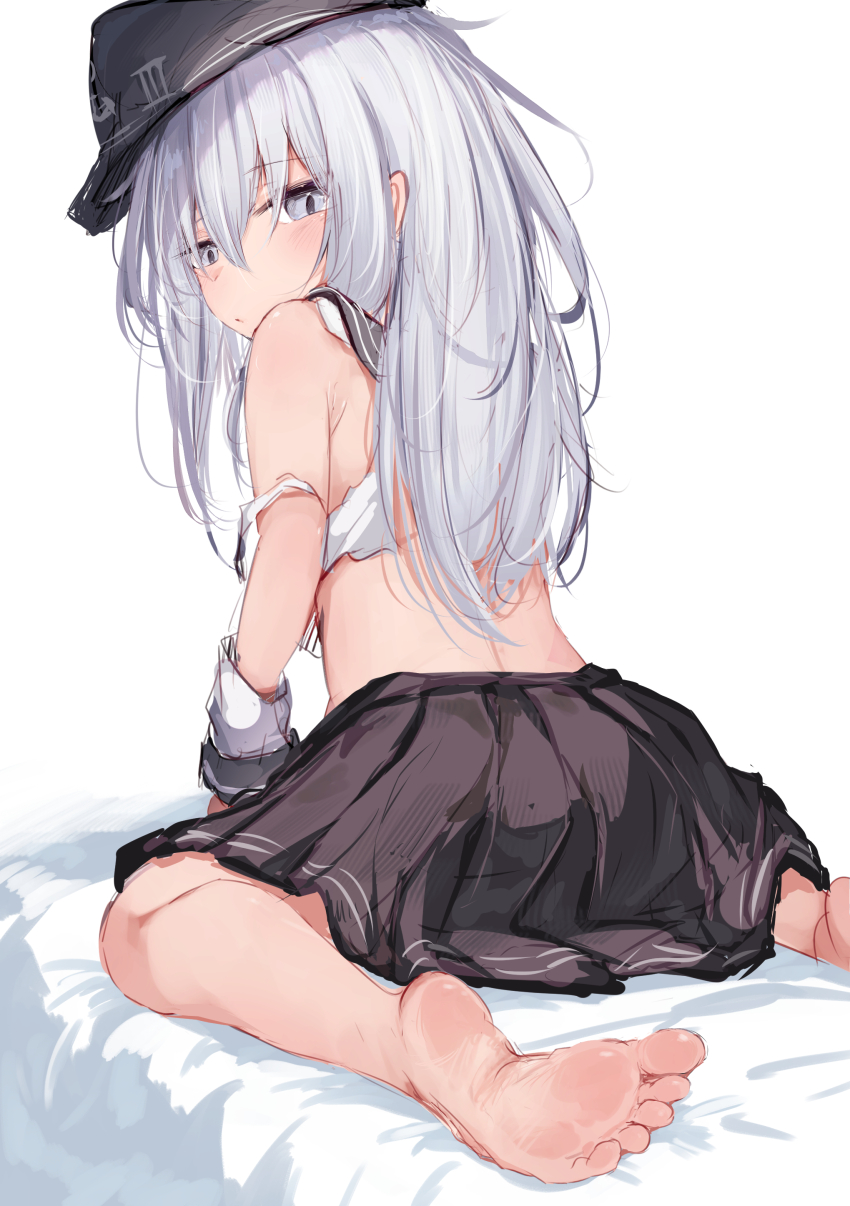 1girl absurdres barefoot black_hat black_sailor_collar black_skirt flat_cap grey_eyes grey_hair hat hibiki_(kancolle) highres kantai_collection long_hair miniskirt mok4suke paid_reward_available pleated_skirt sailor_collar sitting skirt soles solo torn_clothes wariza