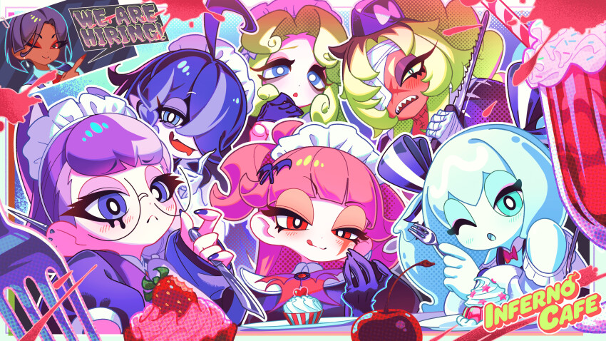 6+girls absurdres ahoge aqua_eyes aqua_hair bandage_over_one_eye bandaged_hand bandages belle_(inferno_cafe) black_gloves blue_eyes blue_hair blunt_bangs cherry cupcake dark-skinned_female dark_skin donuttypd ear_piercing food fork fruit gelatina_(inferno_cafe) gloves green_hair hair_ornament hair_over_one_eye hairclip hibana_(donuttypd) highres holding holding_fork holding_knife huge_ahoge inferno_cafe key_visual knife licking_lips long_hair looking_at_viewer maid_headdress monster_girl multicolored_hair multiple_girls nail_polish official_art open_mouth parfait parted_bangs piercing pink_hair promotional_art purple_hair raychell_(donuttypd) red_eyes simone_(inferno_cafe) tongue tongue_out two-tone_hair virginia_(inferno_cafe) zatahnia_(donuttypd)