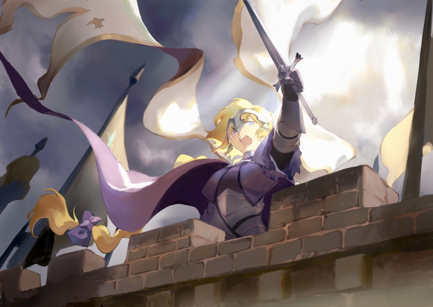 1girl absurdres arm_up blonde_hair braid castle fate/grand_order fate_(series) flag grey_hair highres holding holding_sword holding_weapon jeanne_d&#039;arc_(fate) jeanne_d&#039;arc_(ruler)_(fate) long_hair open_mouth overcast ricmoo3 sky solo sword teeth very_long_hair weapon white_flag