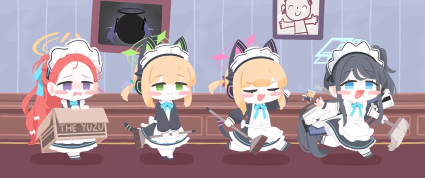 4girls animal_ears apron aris_(blue_archive) aris_(maid)_(blue_archive) black_hair blonde_hair blue_archive blue_bow blue_eyes blue_halo bow bowtie chibi closed_eyes closed_mouth doodle_sensei_(blue_archive) dress emfldzm159 fake_animal_ears frilled_apron frills game_development_department_(blue_archive) green_eyes green_halo halo headphones highres holding holding_mop kei_(robot)_(blue_archive) long_hair maid maid_apron maid_headdress medium_hair midori_(blue_archive) midori_(maid)_(blue_archive) momoi_(blue_archive) momoi_(maid)_(blue_archive) mop multiple_girls official_alternate_costume official_alternate_hairstyle open_mouth orange_halo picture_frame pink_halo purple_eyes purple_hair red_hair robot sensei_(blue_archive) siblings sidelocks sitting smile twins very_long_hair w yuuka_(blue_archive) yuzu_(blue_archive) yuzu_(maid)_(blue_archive)