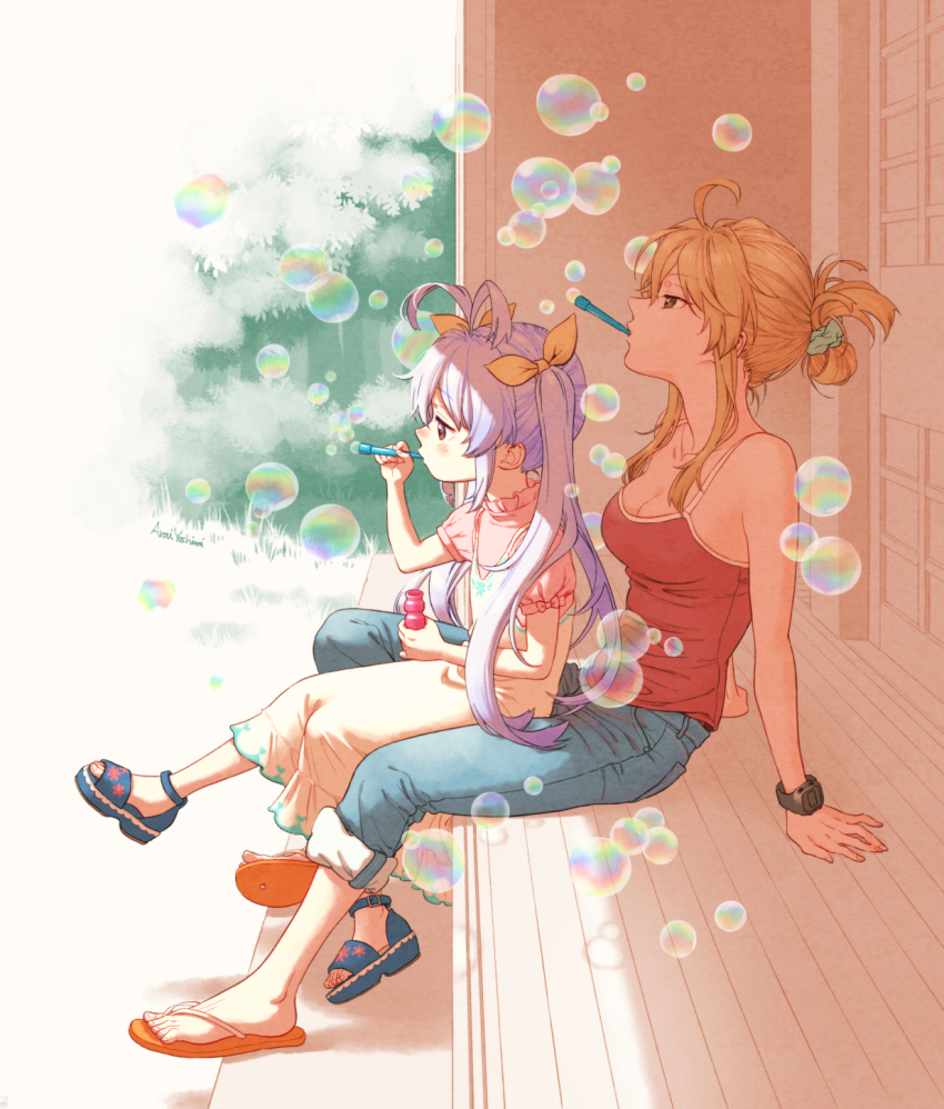 2girls aged_up ahoge antenna_hair arai_yoshimi artist_name bad_id bad_pixiv_id blonde_hair blowing_bubbles bow breasts brown_eyes bubble cleavage collarbone commentary_request dress flip-flops grass hair_bow highres kagayama_kaede light_purple_hair long_hair medium_breasts miyauchi_renge multiple_girls non_non_biyori outdoors pants pants_rolled_up porch red_eyes sandals scrunchie shirt shoes sitting sitting_on_lap sitting_on_person sunlight toes tree twintails very_long_hair watch wooden_floor wristwatch