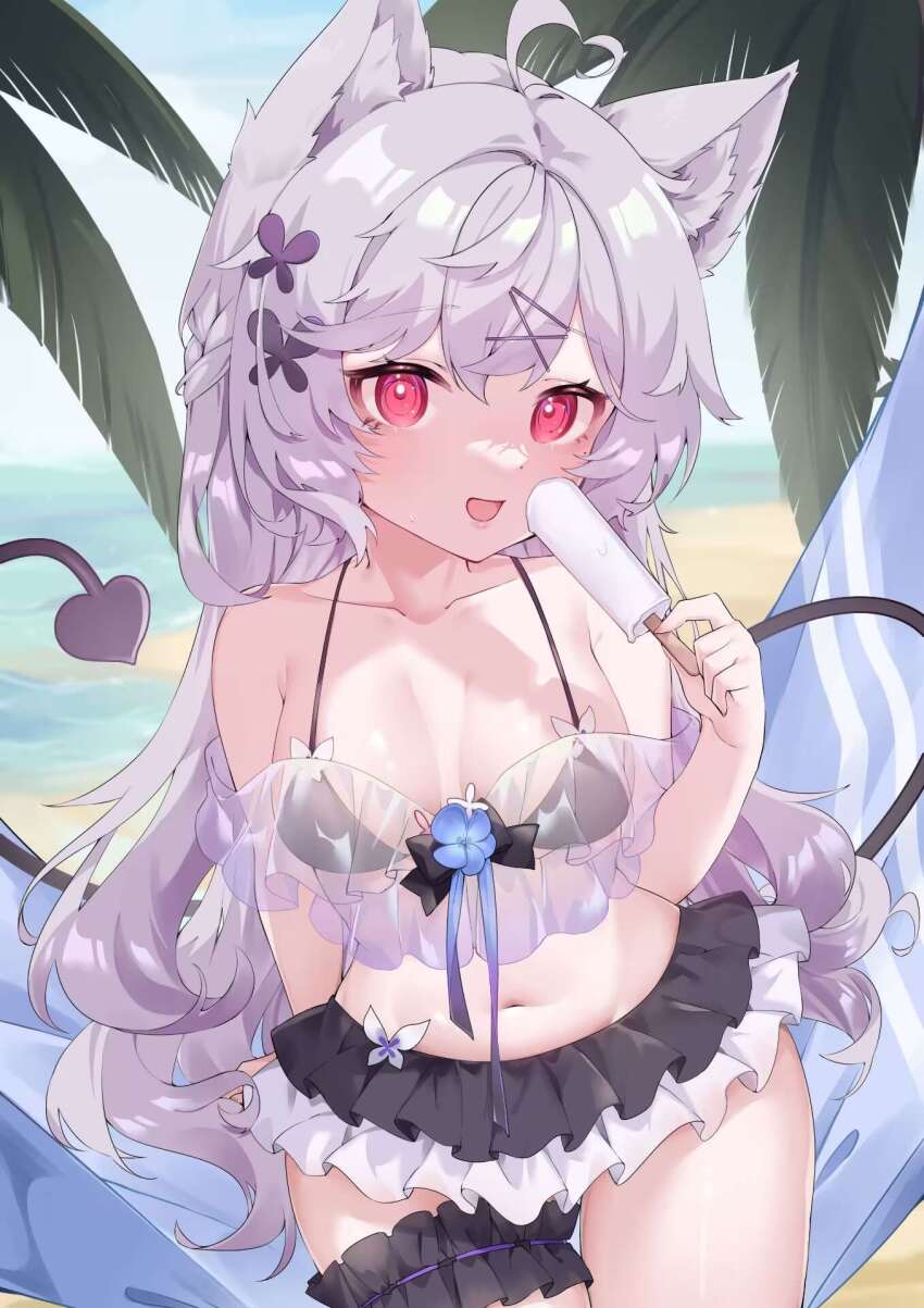 1girl ahoge animal_ear_fluff animal_ears arm_behind_back bare_shoulders beach bikini bikini_skirt black_bikini black_tail blue_flower breasts bright_pupils collarbone cowboy_shot crossed_bangs curly_hair day demon_tail eyelashes flower food frilled_bikini frilled_thigh_strap frills gradient_ribbon grey_hair hair_ornament hairclip hammock hand_up heart heart_ahoge highres holding holding_food holding_popsicle indie_virtual_youtuber long_hair looking_at_viewer medium_breasts navel ocean open_mouth outdoors palm_tree popsicle red_eyes ribbon see-through_clothes smile solo swept_bangs swimsuit tail takanashikigori thigh_gap thigh_strap tree very_long_hair virtual_youtuber white_bikini white_pupils x_hair_ornament