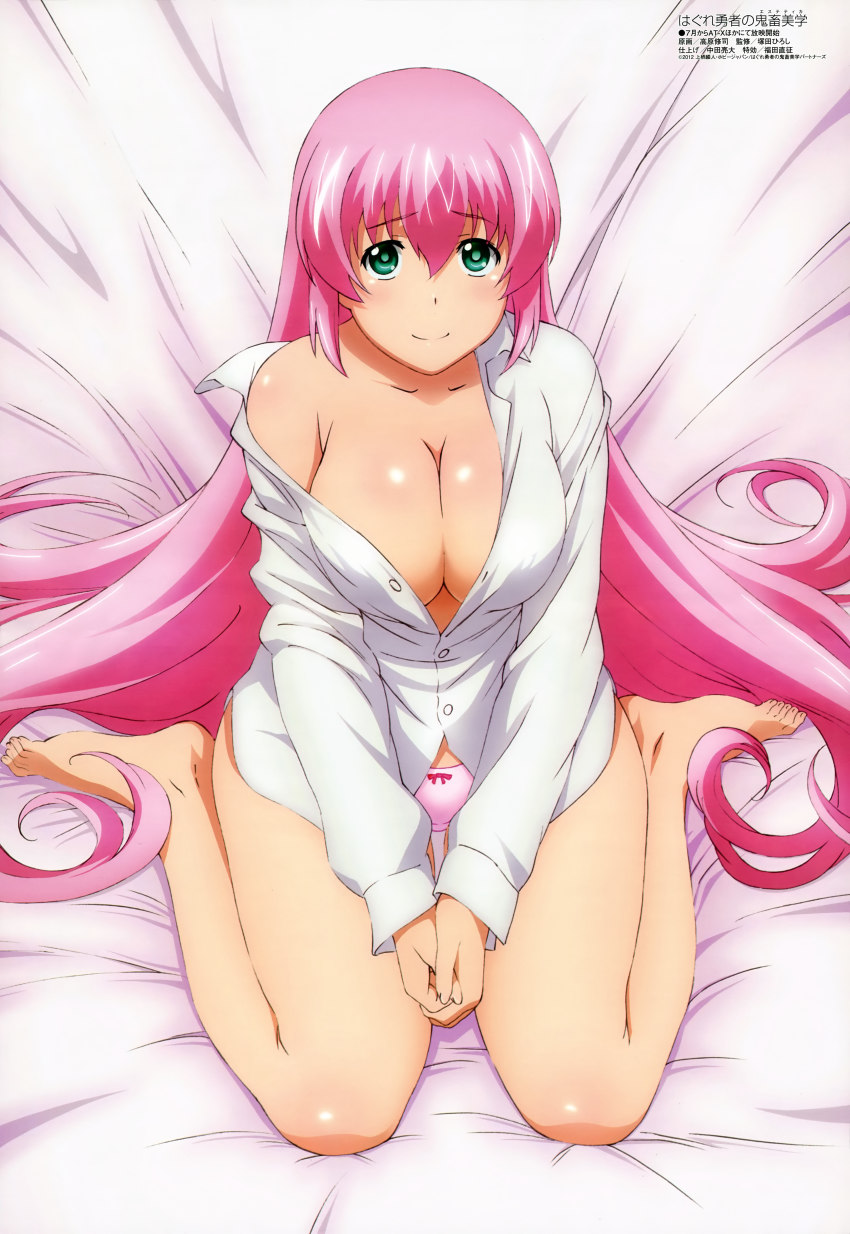 10s 1girl absurdres alternate_hairstyle barefoot blouse breasts cleavage dress_shirt female_focus hagure_yuusha_no_estetica hair_down highres kneeling large_breasts legs long_hair looking_at_viewer megami_magazine no_pants non-web_source off_shoulder official_art open_clothes open_shirt ousawa_miu pink_hair scan shirt smile solo takahara_shuuji very_long_hair wide_hips