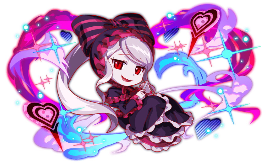 1girl anime_coloring artist_request black_bonnet black_capelet black_dress bonnet bow capelet chibi chibi_only crash_fever curly_sidelocks dress eyelashes fang filing_nails frilled_bonnet frilled_dress frills full_body game_cg gothic_lolita grey_hair grin hair_bow heart holding_nail_file horizontal-striped_bow huge_bow isekai_quartet juliet_sleeves lolita_fashion long_dress long_hair long_sidelocks long_sleeves looking_at_viewer nail_file neck_ribbon official_art official_style open_mouth outline overlord_(maruyama) pale_skin pink_ribbon ponytail puffy_sleeves red_eyes red_outline ribbon shalltear_bloodfallen sidelocks simple_background skirt slit_pupils smile smug solo striped_bow swept_bangs tachi-e teeth tongue transparent_background two-tone_bow upper_teeth_only vampire very_long_hair white_skirt