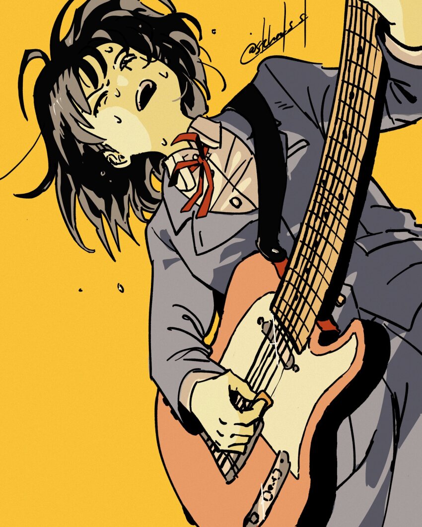 1girl black_hair blue_jacket blue_skirt collared_shirt commentary dress_shirt electric_guitar fender_telecaster futsuu_no_keion-bu guitar guitar_strap hatono_chihiro highres holding holding_plectrum instrument jacket lapels long_sleeves neck_ribbon one_eye_closed open_mouth playing_guitar pleated_skirt plectrum red_ribbon ribbon school_uniform shirt signature simple_background skirt solo stcharls_st sweat teeth white_shirt wing_collar yellow_background