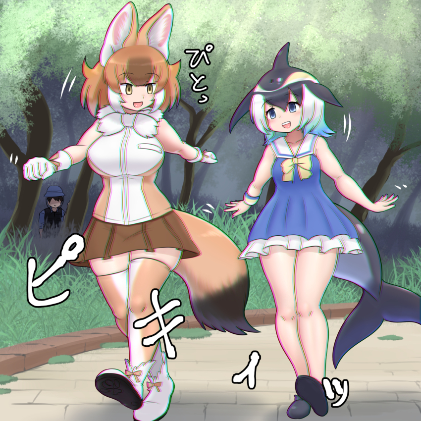 1boy 2girls animal_ears bare_shoulders black_hair blonde_hair blowhole blue_eyes blue_hair blush bow breasts brown_hair captain_(kemono_friends) cetacean_tail common_dolphin_(kemono_friends) dhole_(kemono_friends) dog_ears dog_girl dog_tail dolphin_girl dorsal_fin dress extra_ears fins fish_tail gloves highres kemono_friends kemono_friends_3 large_breasts looking_at_another mo23 multicolored_hair multiple_girls open_mouth outdoors sailor_collar shirt short_hair skirt sleeveless smile tail time_stop white_hair