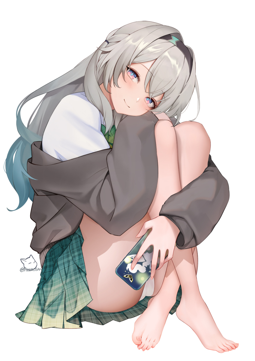 1girl alternate_costume barefoot black_hairband blue_pupils bow bowtie closed_mouth feet firefly_(honkai:_star_rail) gradient_hair green_skirt grey_hair grey_jacket hairband head_rest highres holding holding_phone honkai:_star_rail honkai_(series) hugging_own_legs jacket knees_to_chest knees_up long_hair looking_at_viewer multicolored_hair panties phone pink_eyes plaid_bow plaid_bowtie plaid_clothes plaid_skirt purple_eyes school_uniform shirt sitting skirt smile solo toes twitter_username two-tone_eyes underwear white_background white_panties white_shirt zero_pi