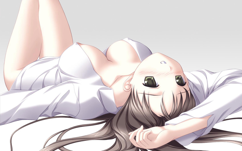 1girl arm_up blush breasts brown_hair covered_erect_nipples dress_shirt female_focus green_eyes grey_hair grin highres himekawa_meiko iwasaki_kouji large_breasts legs_up lying majipuri naughty_face nipple_slip nipples no_bra official_art official_wallpaper on_back open_clothes open_shirt purple_software shirt smile solo thigh_gap thighs white_shirt