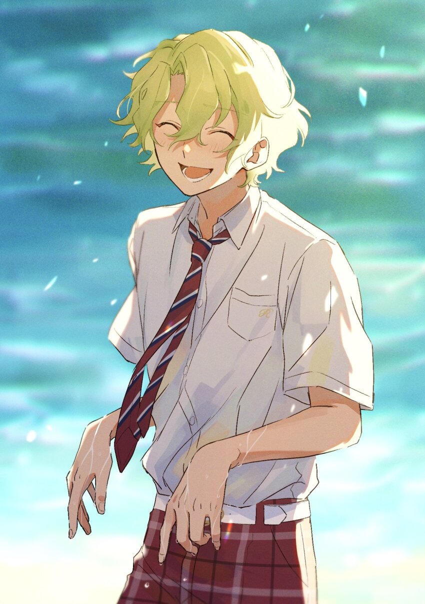 1boy :d ^_^ belt bishounen blurry blurry_background breast_pocket closed_eyes collared_shirt cowboy_shot curtained_hair day diagonal-striped_clothes diagonal-striped_necktie dress_shirt ensemble_stars! film_grain green_hair hair_between_eyes happy highres light_blush lower_teeth_only male_focus multicolored_necktie necktie no_jacket open_mouth palmar_flexion pants plaid_clothes plaid_pants pocket red_necktie red_pants school_uniform shirt shirt_tucked_in short_sleeves side_part smile solo standing striped_clothes sunlight teeth tomoe_hiyori water wet white_belt white_shirt wing_collar wtttn