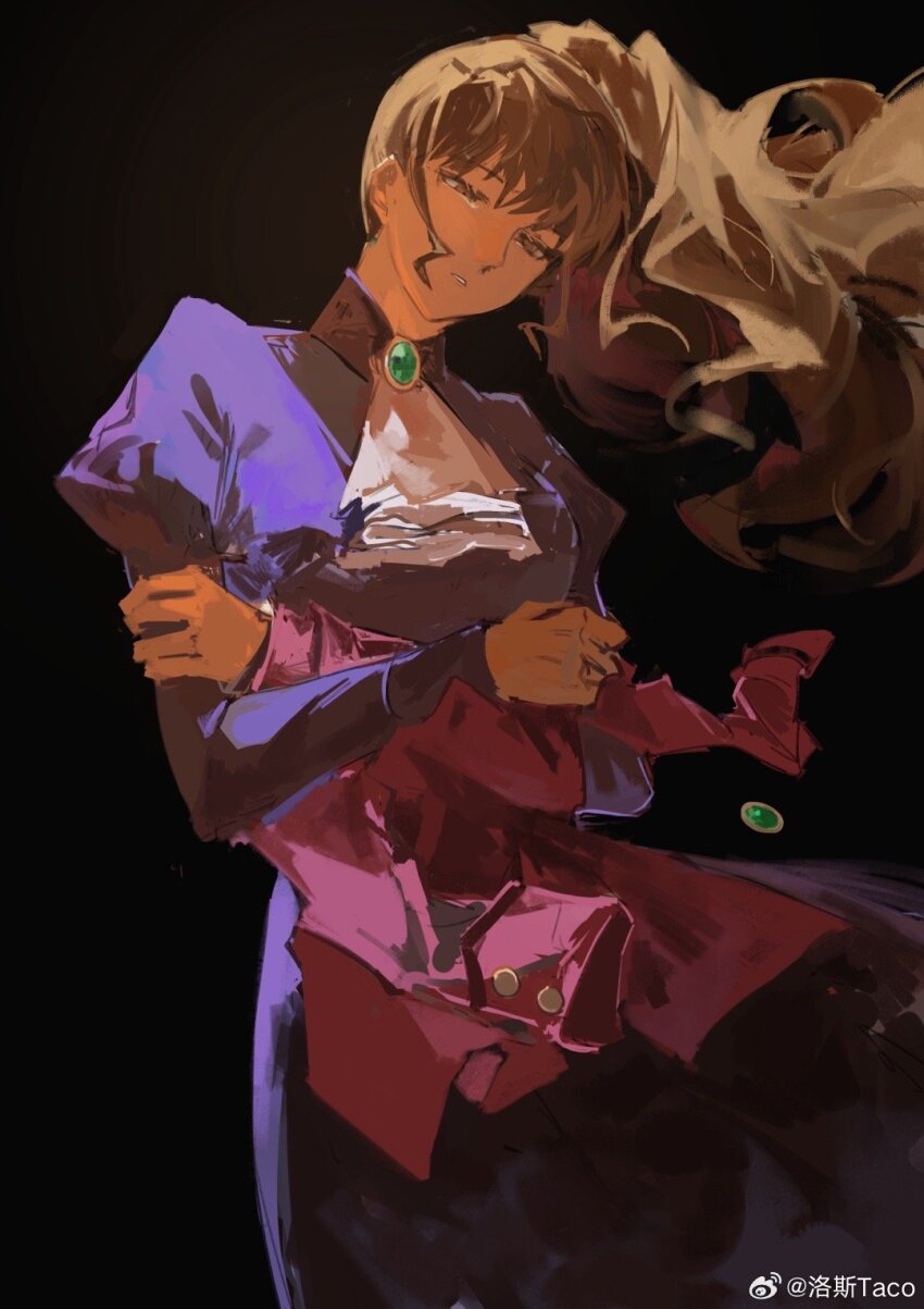 1girl artist_name ascot black_background brown_hair dress expressionless floating_hair hair_between_eyes half-closed_eyes highres holding holding_jacket holding_unworn_clothes jacket long_hair looking_down luosi_taco parted_lips ponytail purple_dress red_jacket sidelocks simple_background solo umineko_no_naku_koro_ni ushiromiya_natsuhi weibo_watermark white_ascot