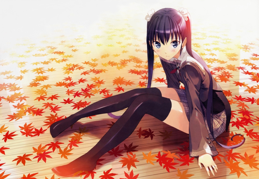 1girl absurdres akizora_ni_mau_confetti akizori_ni_mau_confetti ando_saya andou_saya autumn_leaves black_hair black_thighhighs blue_eyes blue_hair blush bow female_focus full_body hair_bow highres leaf light_smile long_hair maple_leaf matching_hair/eyes no_shoes plaid_clothes plaid_skirt school_uniform sitting skirt smile solo thighhighs twintails ueda_ryou very_long_hair zettai_ryouiki