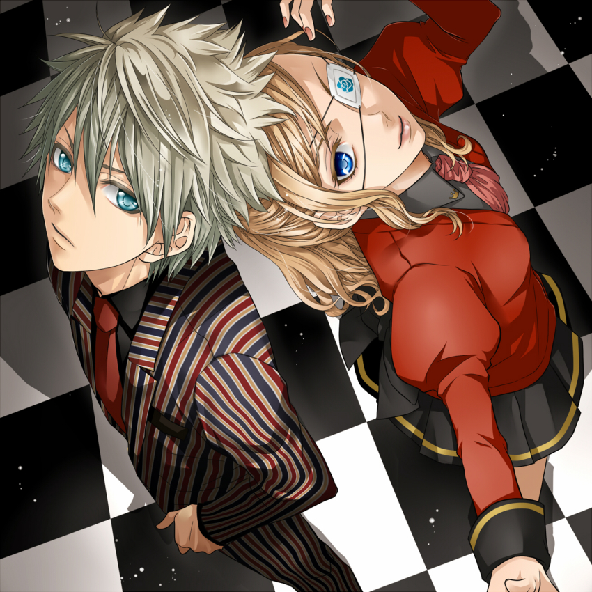 1boy 1girl aqua_eyes blonde_hair blue_eyes checkered_floor child eyepatch floor formal_clothes grey_hair hakuseki highres looking_at_viewer looking_up necktie original pinstripe_pattern pinstripe_suit pinstriped_suit short_hair skirt suit