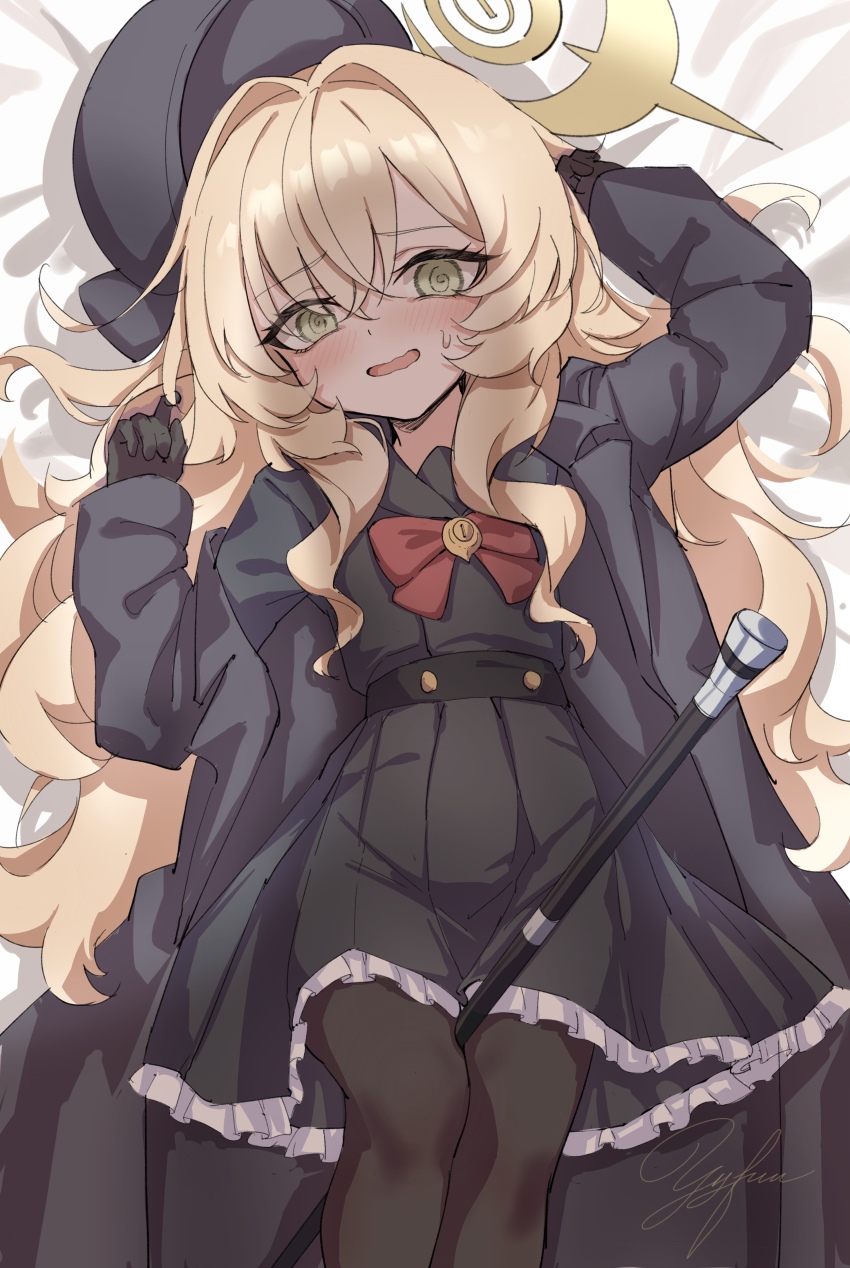 1girl @_@ absurdres beret black_gloves black_hat black_pantyhose blonde_hair blue_archive bow bowtie cane fluffy_hair frilled_skirt frills gloves green_halo hair_intakes halo hands_up hat highres long_hair looking_at_viewer lying on_back open_mouth pantyhose professor_niyaniya_(blue_archive) red_bow red_bowtie side_ahoge skirt yyfuu