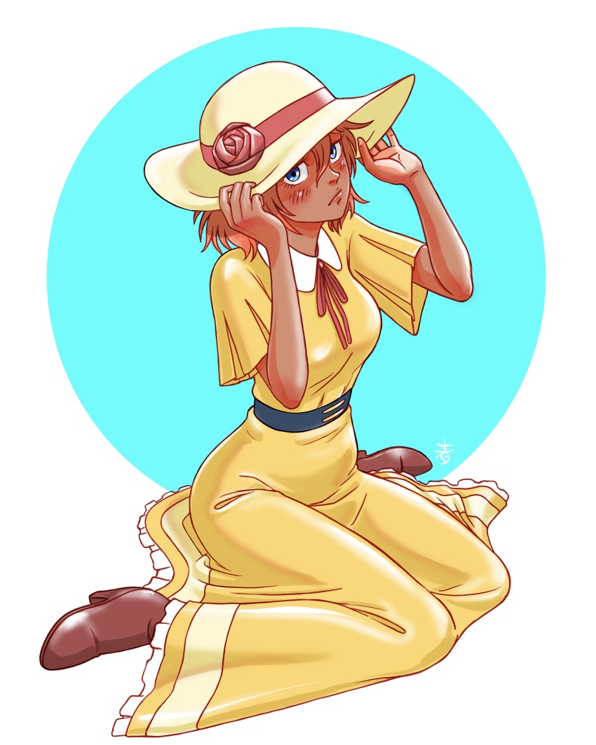 1girl absurdres aobito_sukoyaka_bystander blue_background blue_eyes blush breasts brown_footwear canary_donetto dark-skinned_female dark_skin dress flower hat hat_flower hat_tug highres orange_hair short_sleeves sitting small_breasts solo sun_hat taiyou_no_kiba_dougram two-tone_background wariza white_background yellow_dress