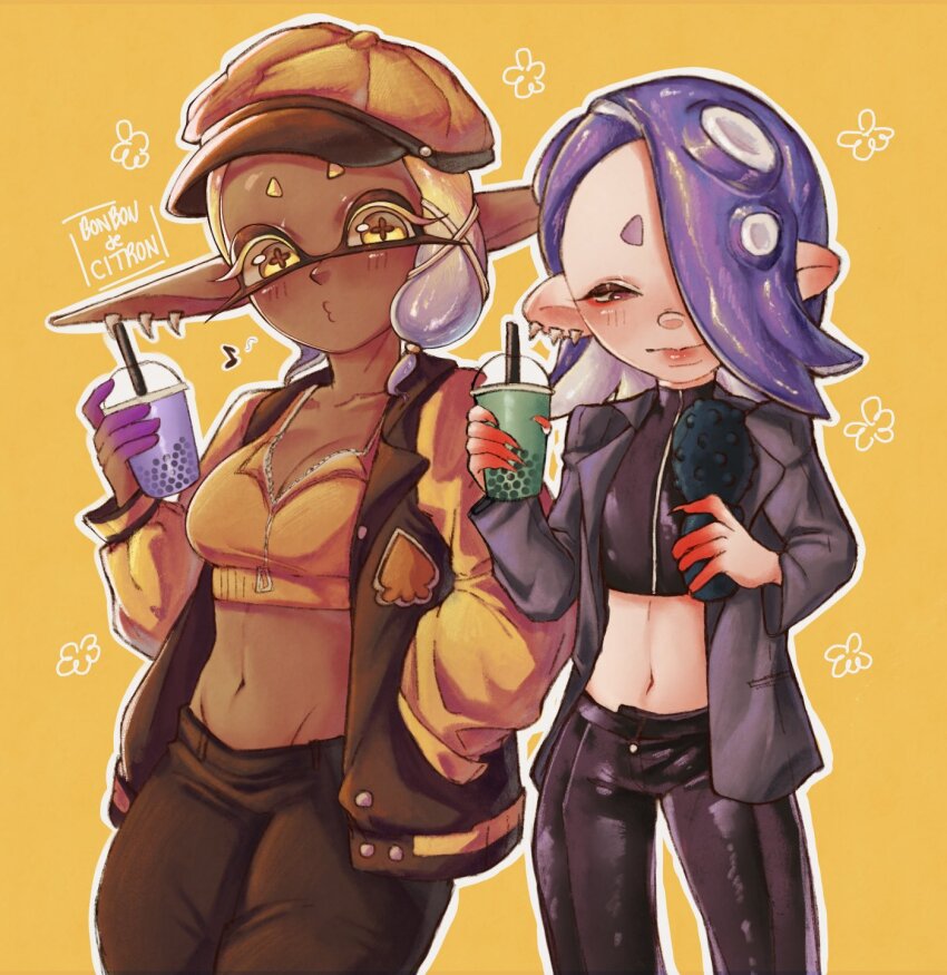 2girls black_jacket black_pants blonde_hair blue_hair bonbondecitron breasts bubble_tea cleavage cowboy_shot cup dark-skinned_female dark_skin domino_mask frye_(splatoon) hand_in_pocket hat highres holding holding_cup jacket mask medium_breasts midriff multiple_girls navel nintendo outline pants pointy_ears red_eyes shiver_(splatoon) simple_background splatoon_(series) splatoon_3 suction_cups tentacle_hair white_outline yellow_background yellow_eyes yellow_hat