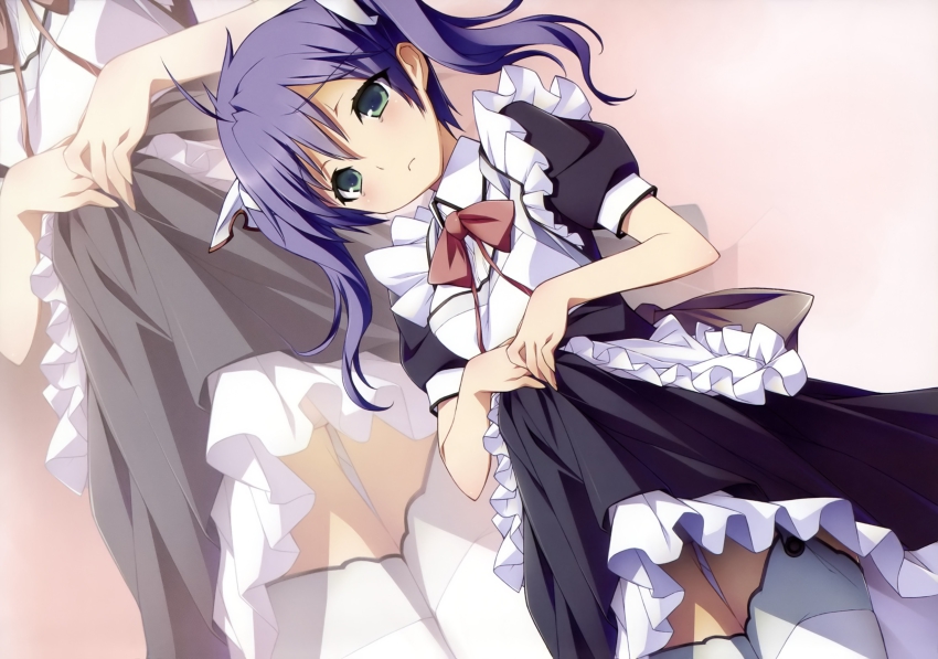 1girl :&lt; absurdres clothes_lift dress dress_lift dutch_angle female_focus green_eyes highres kikuchi_seiji light_purple_hair long_hair maid mayo_chiki! panties pantyshot purple_hair scan solo tears thighhighs twintails underwear usami_masamune zoom_layer