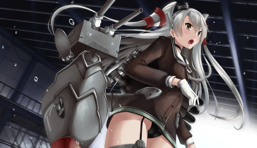 &gt;:o 10s 1girl :o amatsukaze_(kancolle) black_panties brown_shirt cowboy_shot garter_straps gloves green_hair hair_tubes hangar hat highres indy_k kantai_collection long_hair long_sleeves machinery mini_hat open_mouth panties pantyshot partially_visible_vulva rensouhou-kun robot ship_turret shirt standing thighhighs twintails two_side_up underwear v-shaped_eyebrows very_long_hair water white_gloves yellow_eyes