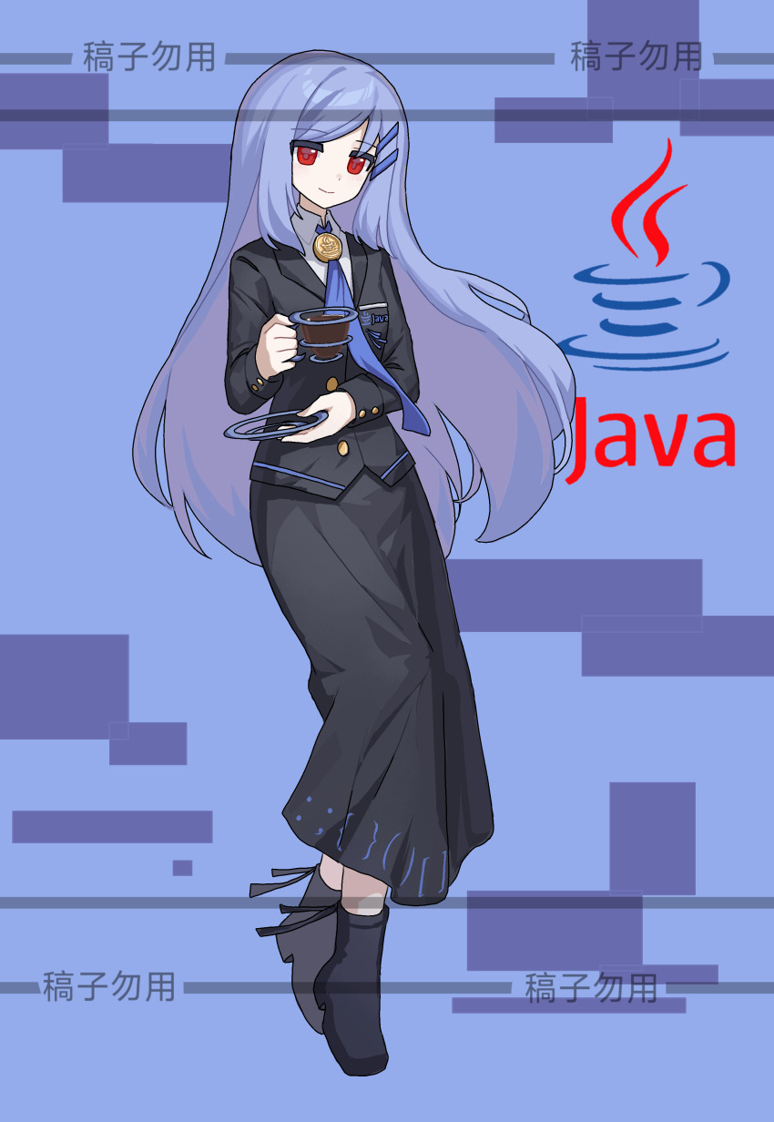 1girl absurdres blue_background blue_hair breasts coffee costume english_text full_body gloves highres humanization java_(programming_language) long_hair long_sleeves office_lady personification phonetik red_eyes simple_background skirt small_breasts