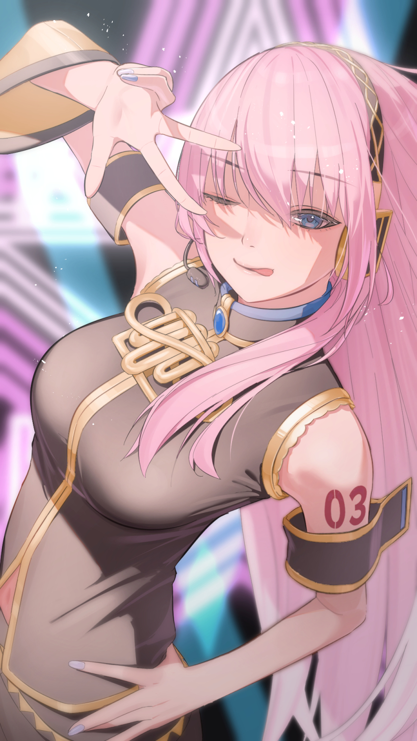 1girl :p armband bananafish1111 bare_shoulders blue_eyes blue_nails breasts hand_on_own_hip headset highres long_hair looking_at_viewer megurine_luka one_eye_closed pink_hair sleeveless smile solo tongue tongue_out vocaloid