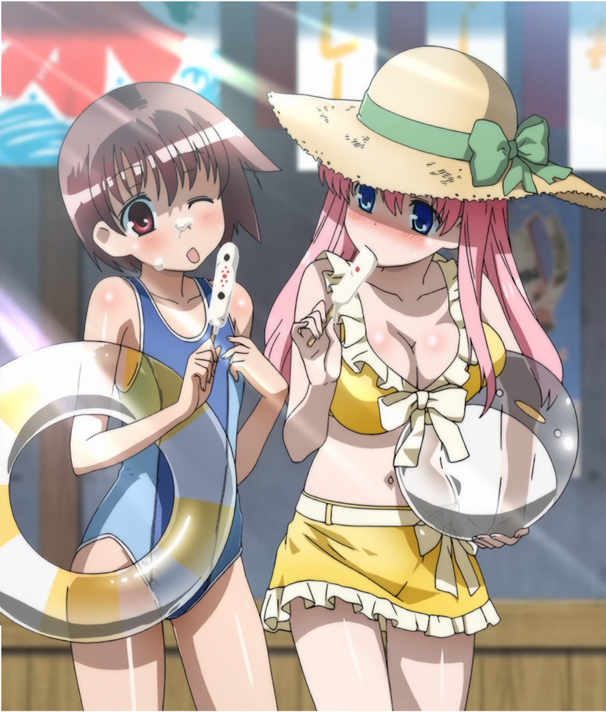 2girls anime_screenshot bikini bikini_skirt blue_eyes blush bow breasts brown_hair cleavage collarbone etopen flat_chest food frilled_bikini frills front-tie_bikini_top front-tie_top haramura_nodoka hat hat_bow highres ice_cream innertube large_breasts long_hair miyanaga_saki multiple_girls navel one-piece_swimsuit pink_hair red_eyes saki_(manga) sexually_suggestive short_hair stitched suggestive_fluid swim_ring swimsuit third-party_edit yellow_bikini