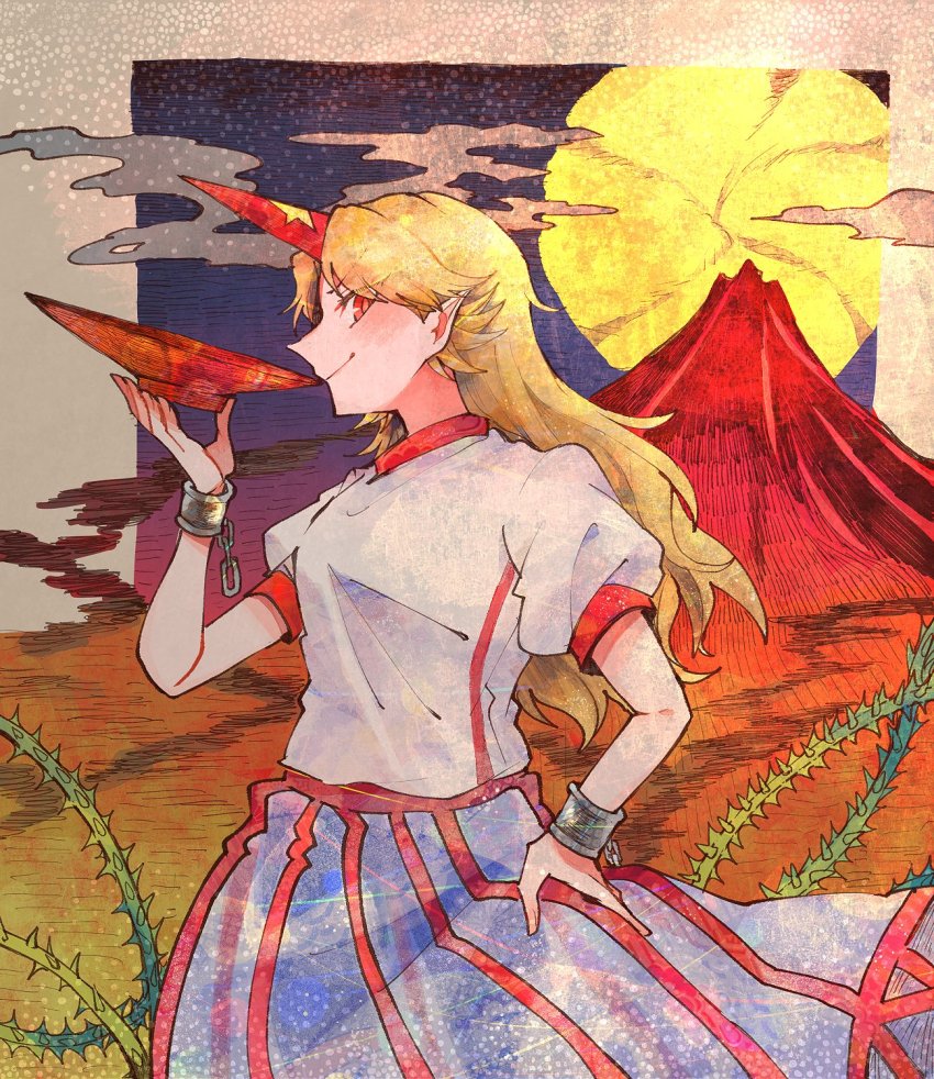 1girl blonde_hair blue_skirt bowl closed_mouth cloud eyes_visible_through_hair full_moon hand_on_own_hip hand_up highres horns hoshiguma_yuugi itomugi-kun long_hair looking_at_viewer md5_mismatch moon night night_sky red_eyes shirt single_horn skirt sky smile solo touhou volcano white_shirt yellow_moon