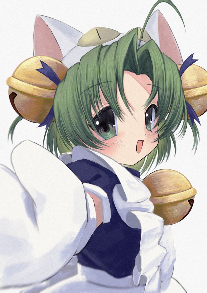 &lt;|&gt;_&lt;|&gt; 1girl ahoge animal_hat apron bell blurry_edges cat_hat curtained_hair dejiko di_gi_charat dress foreshortening frilled_dress frills gloves green_eyes green_hair hat hat_bell highres looking_at_viewer nemu_(zutto_oyasu3) open_mouth puffy_short_sleeves puffy_sleeves short_hair short_sleeves simple_background smile solo upper_body white_background white_gloves