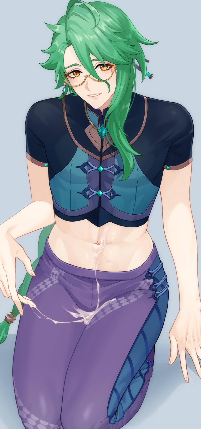 1boy absurdres baizhu_(genshin_impact) crop_top cum genshin_impact glasses green_hair hair_between_eyes hair_ornament highres long_hair looking_at_viewer male_focus midriff navel pants pinchi purple_pants smile solo stomach yellow_eyes