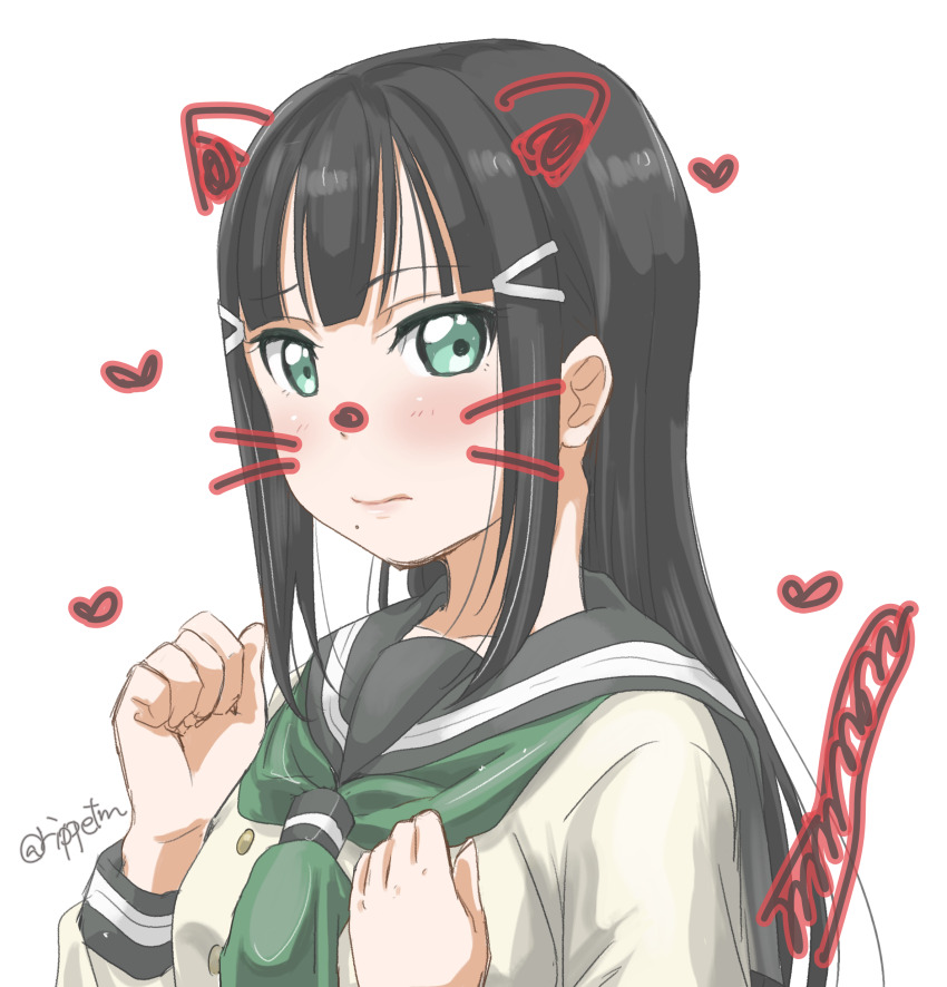 1girl absurdres animal_ears black_hair blush breasts cat_ears green_eyes green_neckerchief grey_sailor_collar hair_ornament hairclip hands_up heart highres kurosawa_dia long_hair looking_at_viewer love_live! love_live!_sunshine!! medium_breasts mole mole_under_mouth neckerchief rippe sailor_collar school_uniform simple_background solo straight_hair uranohoshi_school_uniform white_background