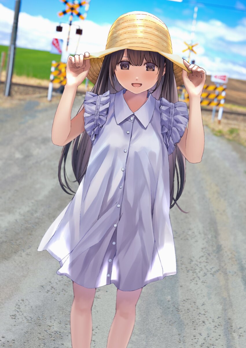 1girl absurdres black_eyes black_hair blue_sky blurry blurry_background chikuwa_(odennabe) day hands_on_headwear hat highres holding holding_clothes holding_hat looking_at_viewer original outdoors railroad_crossing road see-through_silhouette shirt sky solo standing straw_hat sun_hat white_shirt